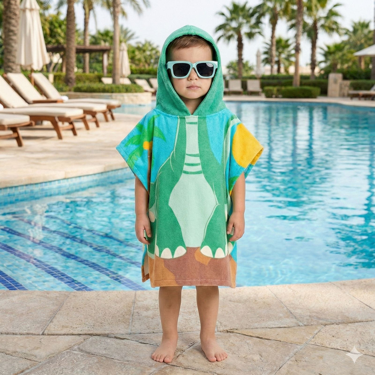 Quad Seven Dino-Mite Dinosaur Hooded Towel Poncho with Sunglasses (2–4 Years) – Soft & Absorbent Beach & Bath Robe