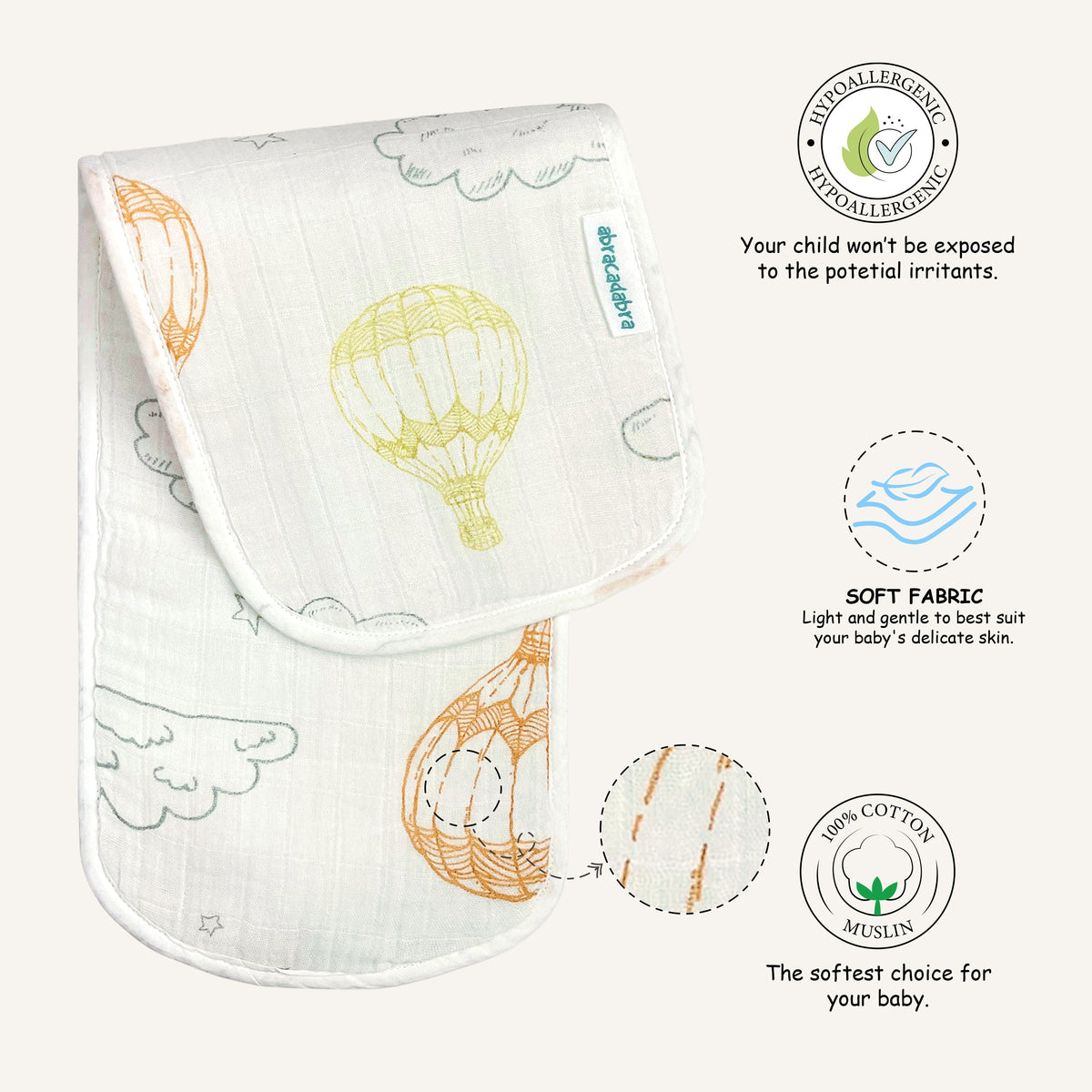 Abracadabra 4-Layer Muslin Burp Pads – Hot Air Balloon, Pack of 2