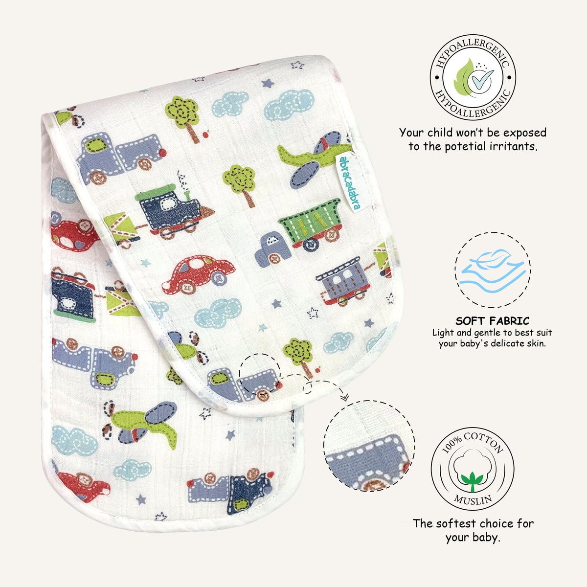 Abracadabra Muslin Burp Pad - Transport