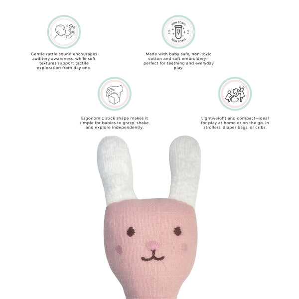 Abracadabra Organic Cotton Bunny Face Rattle – Pink | 3M+