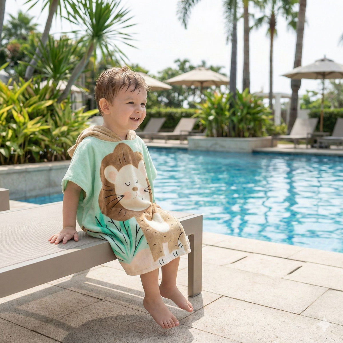 Quad Seven Roaring Cute Lion Hooded Towel Poncho for Kids (2–4 Years) – Soft & Absorbent Beach & Bath Robe