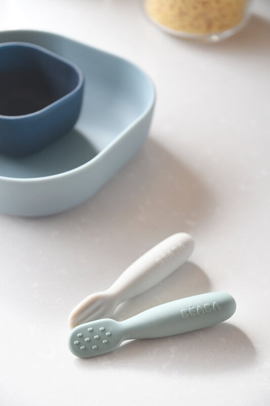 Béaba Silicone Pre-Feeding Spoons Set of 2 – Sage Green & Velvet Grey