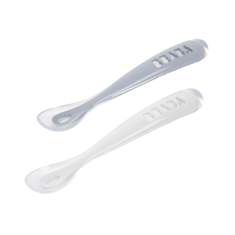 Béaba 1st Stage Silicone Spoons with Carry Box, Set of 2 – Pebble & Cloud Blue