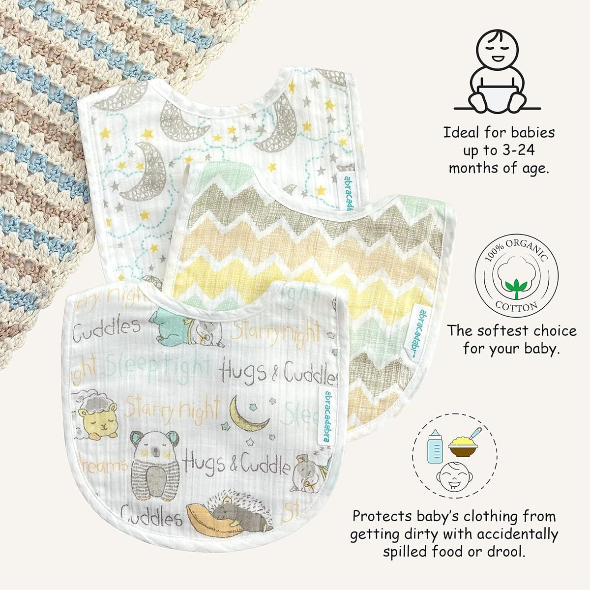 Abracadabra Muslin Bibs Set of 3 29 × 20 cm Sleepy Friends Multicolour