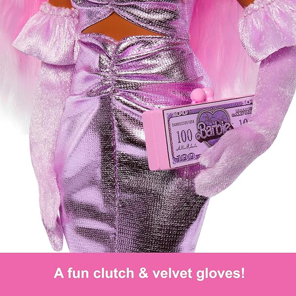 Barbie Deluxe Style Doll #1 in Barbiecore Outfit, Pink Hair and Glossy Pink Dress with Accessories Like Velvet Gloves, Money Purse