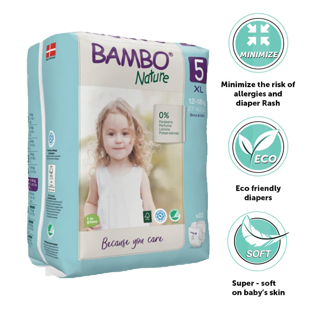Bambo Nature Premium Baby Tape Diapers Size 5 XL 12–18 kg – 22 Count