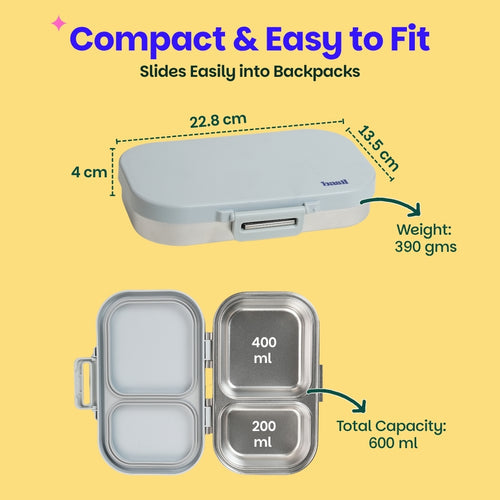 Basil Bento Ace 2 Compartment Stainless Steel Lunchbox 600 ml Classic Grey