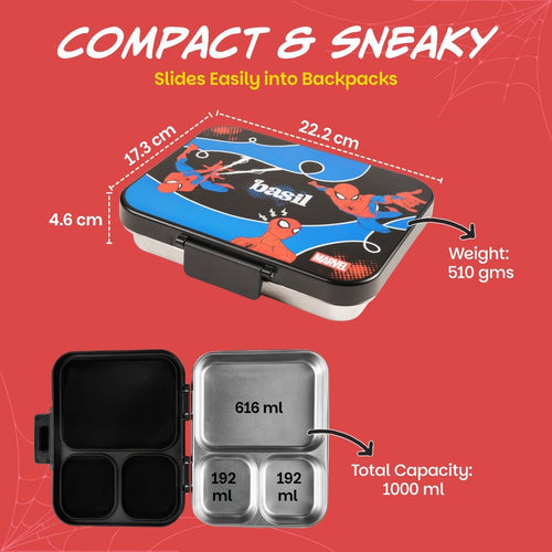 Basil Bento Ace 3 Compartment Stainless Steel Lunchbox 1000 ml Sling Strike