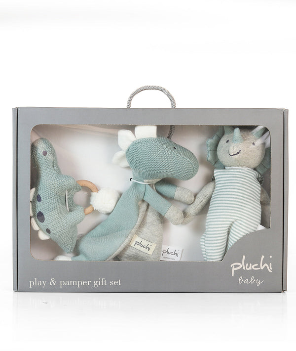 Pluchi Dino Play & Pamper Gift Bundle - (Set of 3 - Soft Toy, Cuddle Cloth & Ring Rattle)