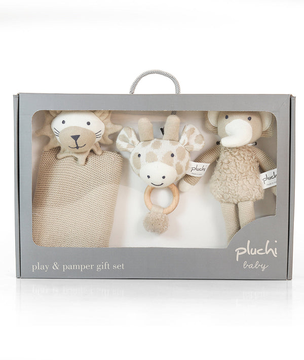Pluchi Jungle Safari Play & Pamper Gift Bundle - (Set of 3 - Soft Toy, Cuddle Cloth & Ring Rattle)