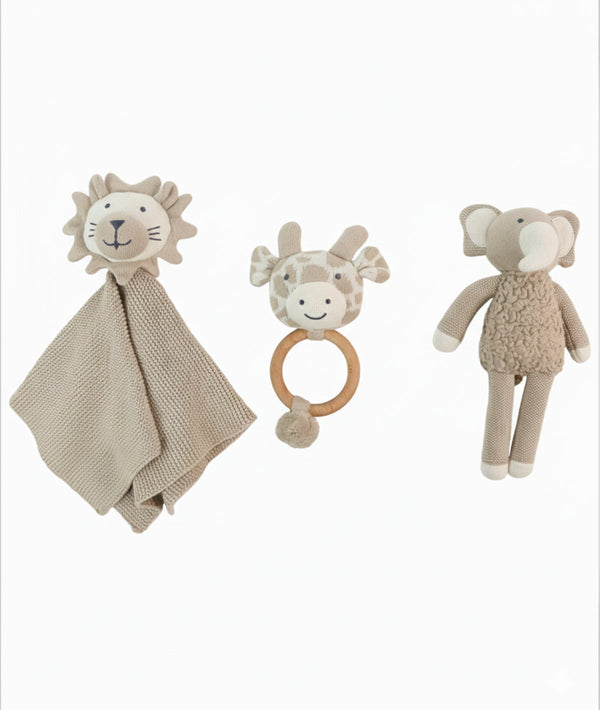 Pluchi Jungle Safari Play & Pamper Gift Bundle - (Set of 3 - Soft Toy, Cuddle Cloth & Ring Rattle)