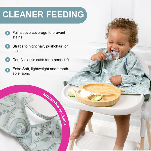 Bibado Long Sleeve Coverall Weaning Bib Dino Roar Grey