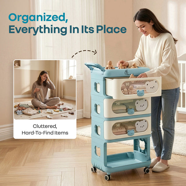 R For Rabbit Kiddo Korner Bear Baby Storage Organizer with 3 Drawers, Open Storage, 360° Wheels & Detachable Basket