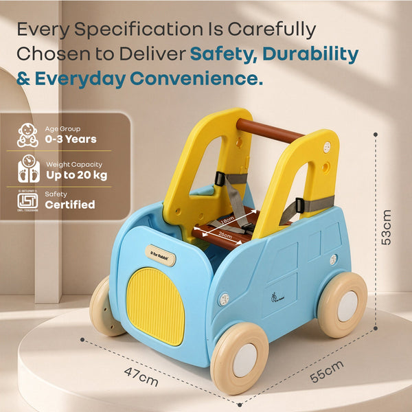 R for Rabbit Kiddie Kart Ride-On & Push Walker 4 in 1 0–3Y Up to 20kg – Blue Yellow
