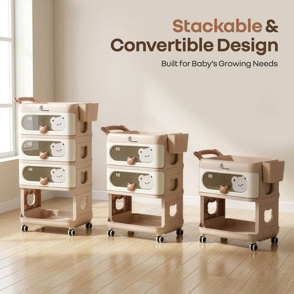 R For Rabbit Kiddo Korner Bear Baby Storage Organizer with 3 Drawers, Open Storage, 360° Wheels & Detachable Basket
