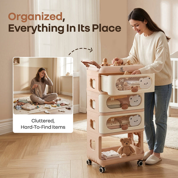 R For Rabbit Kiddo Korner Bear Baby Storage Organizer with 3 Drawers, Open Storage, 360° Wheels & Detachable Basket