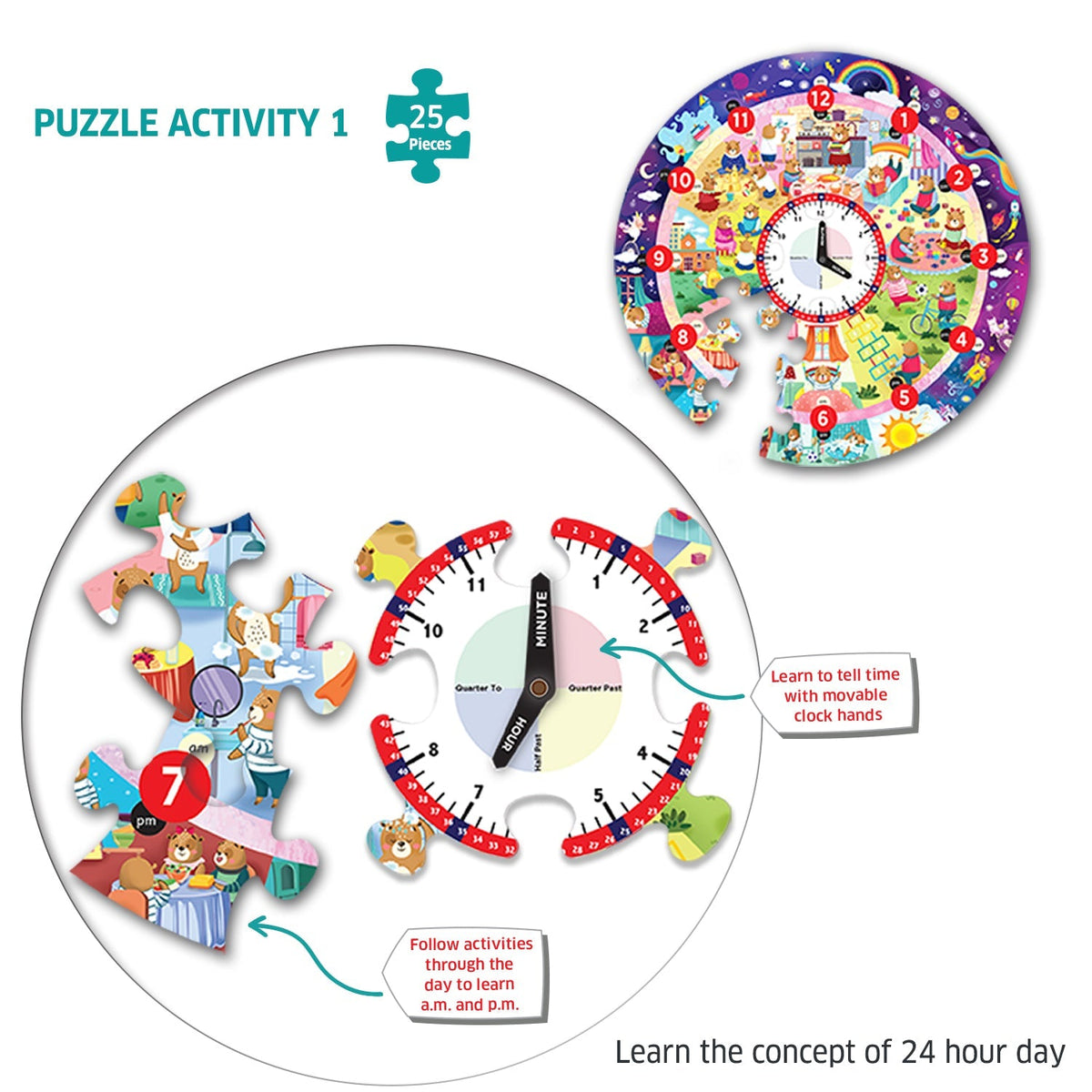 Chalk and Chuckles Busy Bear’s Day Tell the Time Clock Puzzle 45 cm Multicolor