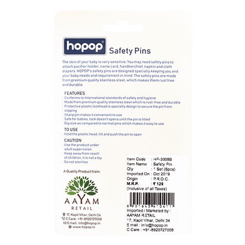 Hopop Baby Nappy Safety Pins with Lock Head Pack of 6 Multicolor