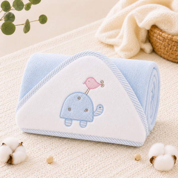 Babiano Turtle & Bird Baby Hooded Towel – Blue, 68 × 68 cm