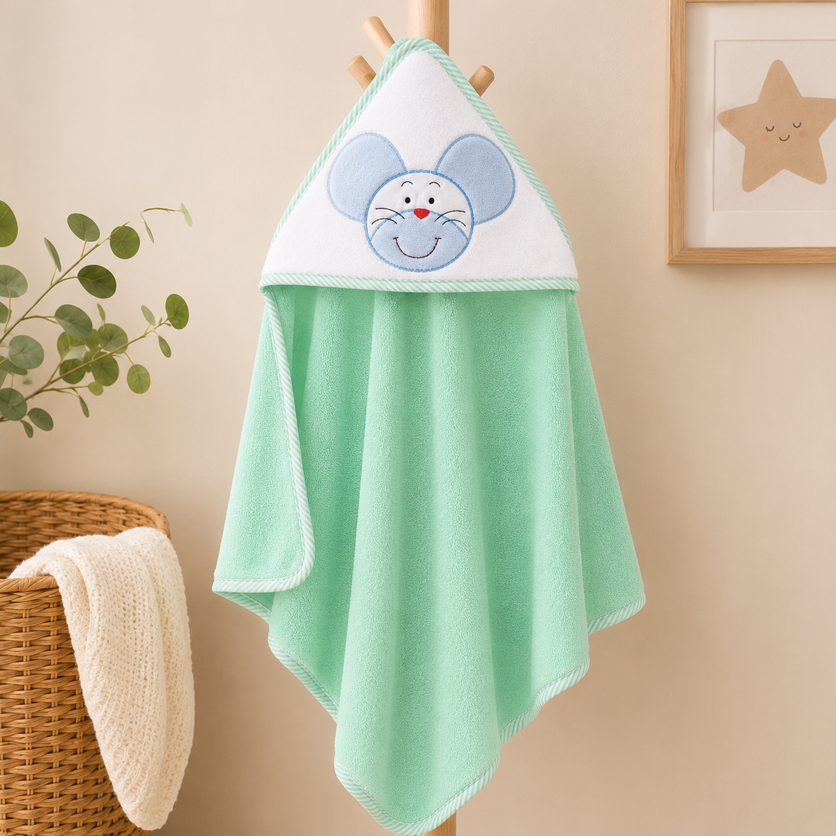 Babiano Cute Mouse Baby Hooded Towel – Mint Green