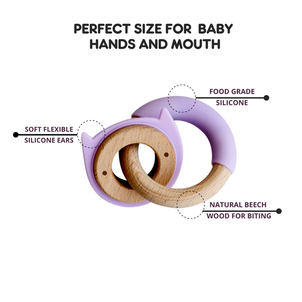 Little Rawr - Wood Silicone Disc & Ring Teether Purple Kitty