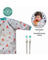 BiBaDo Long Sleeve Coverall Weaning Bib & Attachable Handi Cutlery Bundle 6 Months+ Arctic Adventure White