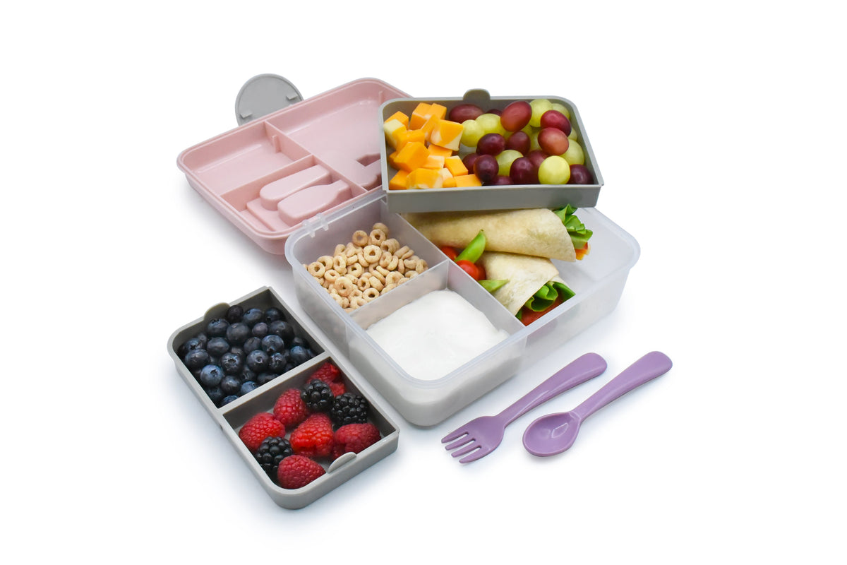 Melii 2 Tier Bento Box with Utensils 6 Compartments – Pink Purple Grey