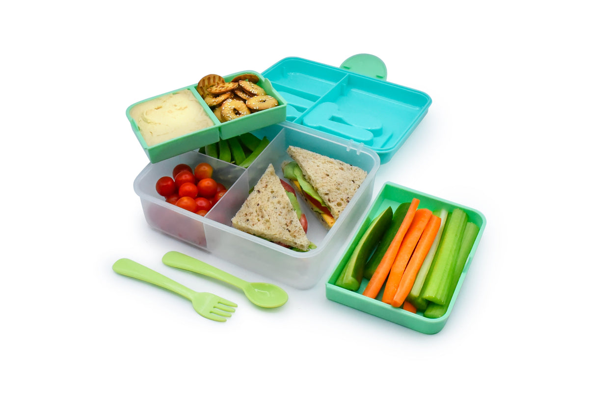 Melii Two - Tier Bento With Utensils Blue Mint Lime 6 Compartments