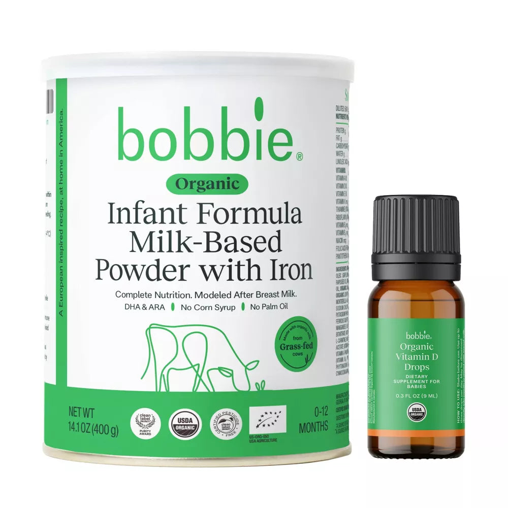 Bobbie Organic Combo Feeding Kit – Infant Formula 14.1 oz + Vitamin D Drops | 0–12 Months