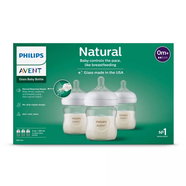 Philips Avent Glass Feeding Bottle With Natural Response Nipple 4Oz 120Ml (Pack Of 3)