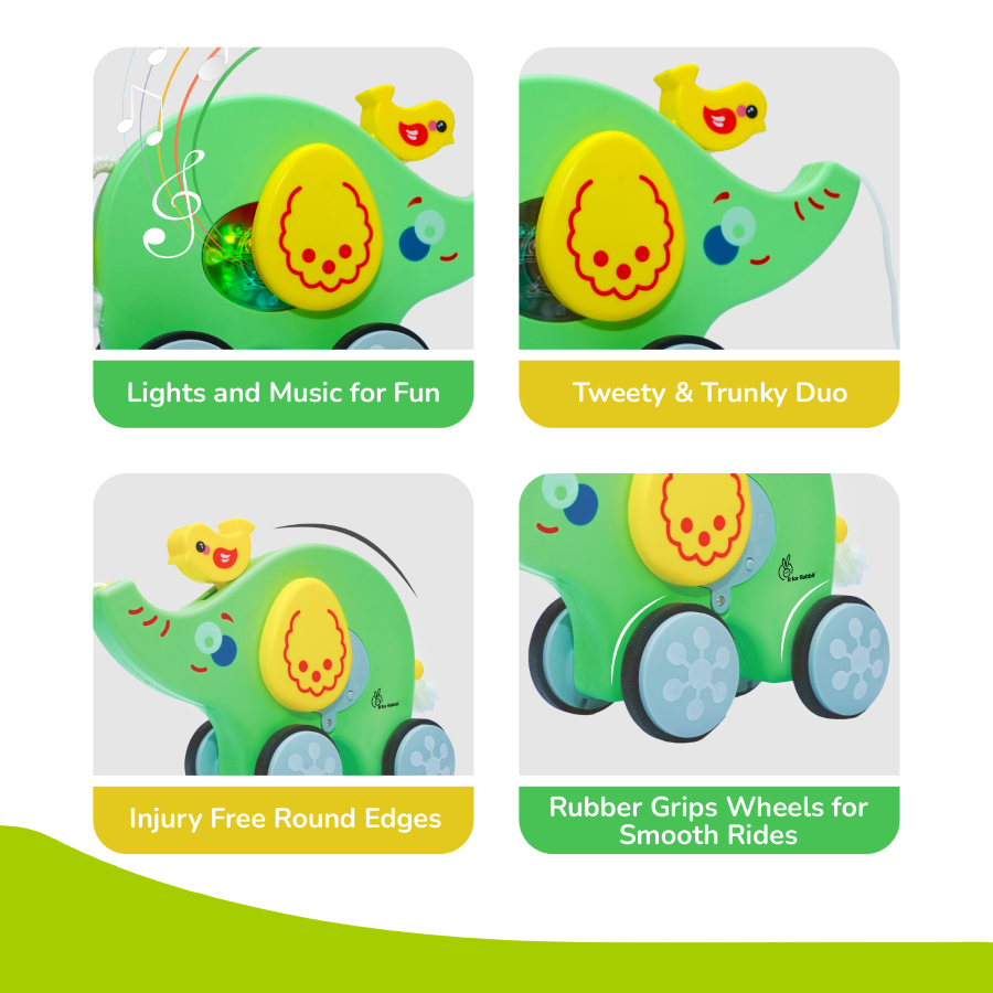 R For Rabbit Orapple Trunky Fun & Safe Musical Pull-Along Toy Green Yellow 12M+