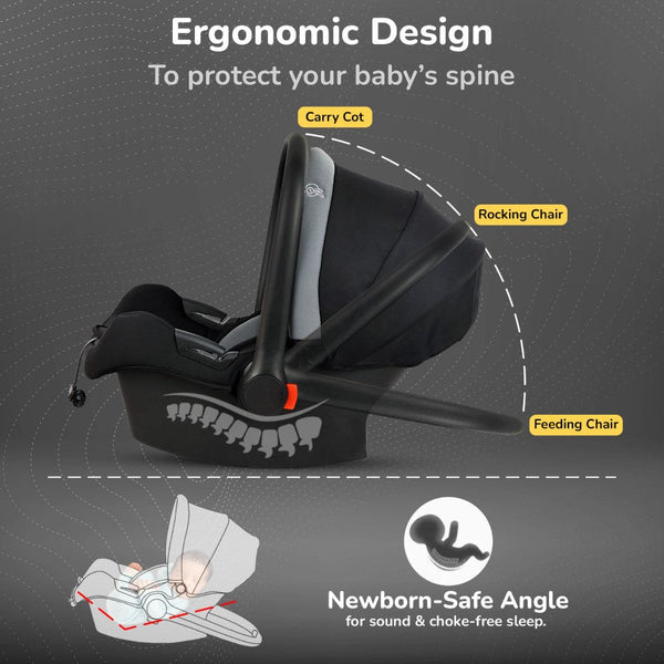 R For Rabbit Picaboo Sportz – 3-In-1 Convertible Carry Cot, Rocker & Feeding Chair - Grey Black