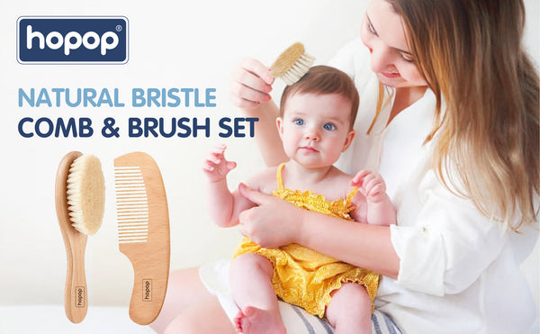 Hopop Natural Bristle Baby Wooden Brush & Comb Set 0M+
