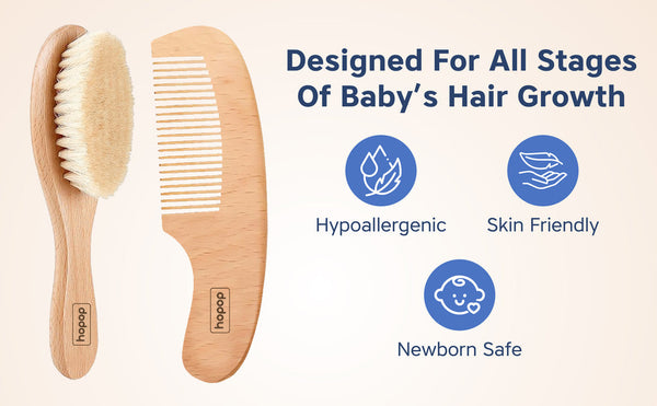 Hopop Natural Bristle Baby Wooden Brush & Comb Set 0M+