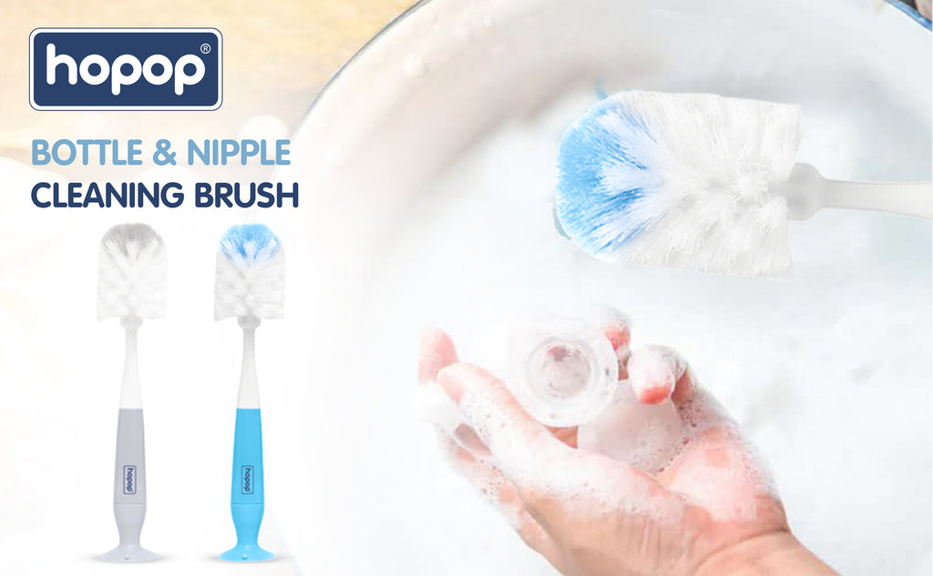 Hopop 2-IN-1 Bottle & Nipple Cleaning Brush with Grooved Handle - GREY