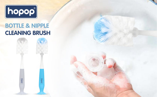 Hopop 2-IN-1 Bottle & Nipple Cleaning Brush with Grooved Handle - GREY