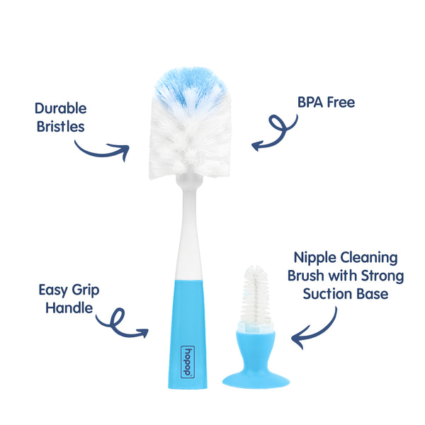 Hopop 2-in-1 Bottle & Nipple Cleaning Brush Grooved Handle with Suction Base One Size – Blue