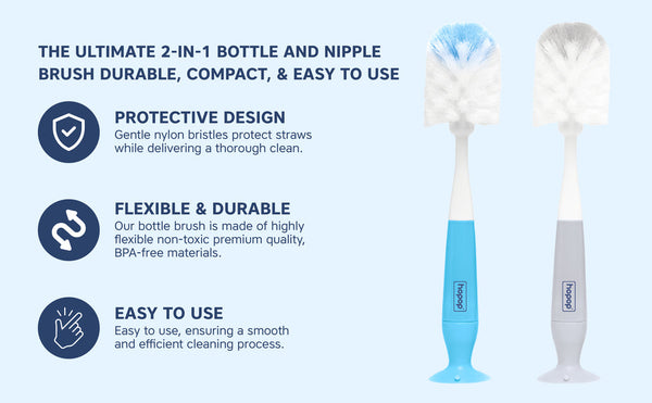 Hopop 2-IN-1 Bottle & Nipple Cleaning Brush with Grooved Handle - GREY