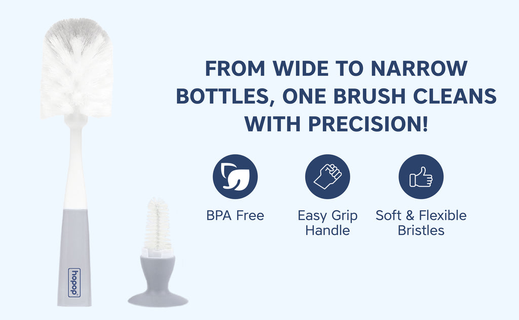 Hopop 2-IN-1 Bottle & Nipple Cleaning Brush with Grooved Handle - GREY