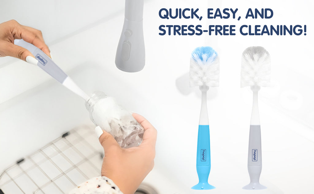 Hopop 2-IN-1 Bottle & Nipple Cleaning Brush with Grooved Handle - GREY