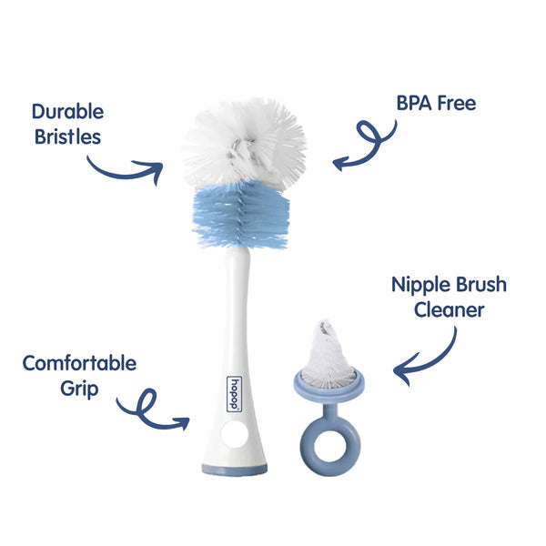 Hopop Bottle & Nipple Cleaning Brush with Grooved Handle & Easy Hanging Storage 2-in-1 Blue