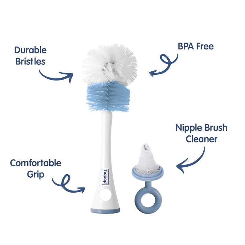 Hopop 2-in-1 Bottle & Nipple Cleaning Brush Grooved Handle with Hanging Storage One Size – Grey