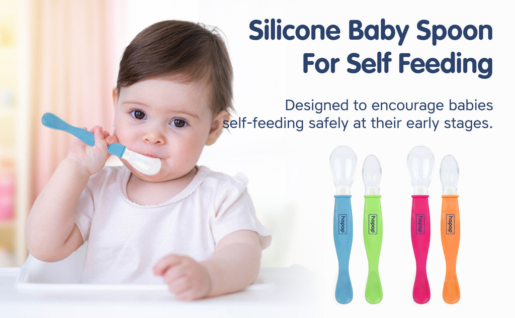 Hopop Silicone Baby Self-Feeding Spoons Pack of 2 Pink & Orange