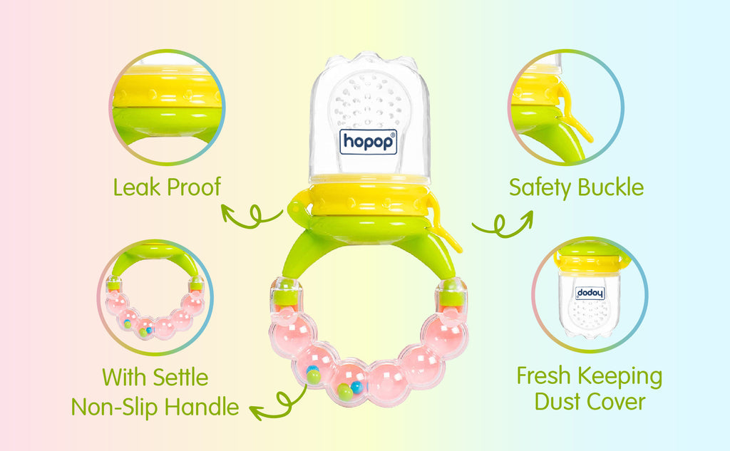 Hopop Baby Food & Fruit Nibbler with Rattle Handle Green & Pink
