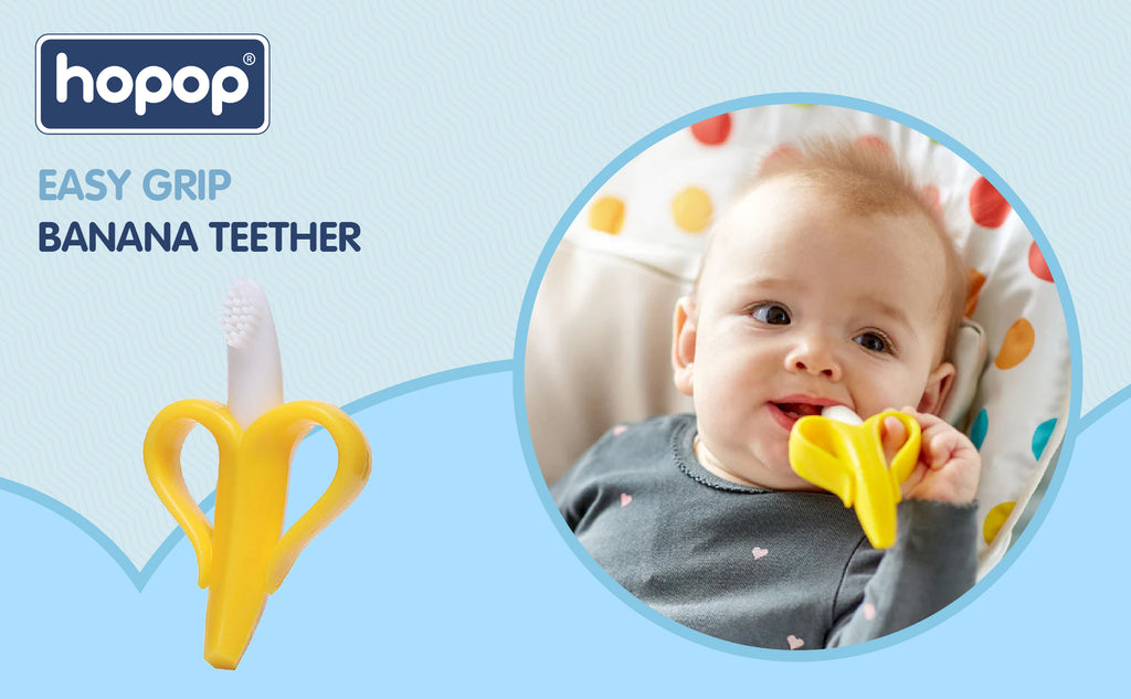 Hopop Easy Grip Banana-Shaped Silicone Baby Teether 3M+ Blue