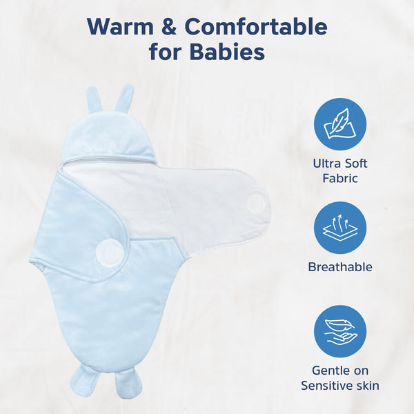 Hopop Soft Fleece Hooded Baby Wrapper Blanket - 0–6 Months - Blue