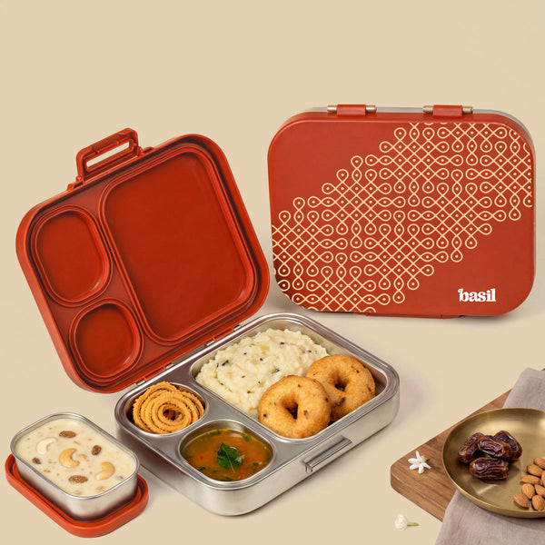 Basil Bento Quad+ Stainless Steel Lunchbox with Mini Box 1250 ml Tanjore Kolam