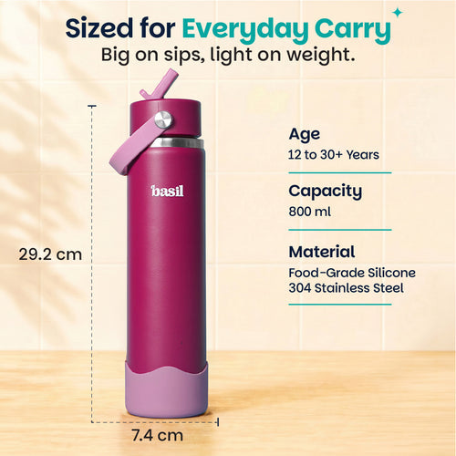 Basil HydraFizz Insulated Sipper Bottle 800ml 12Y+ โ Classic Plum