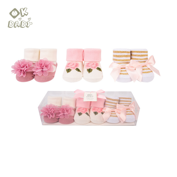 Ok Baby Socks Giftset, Pack Of 3, Pink Flower