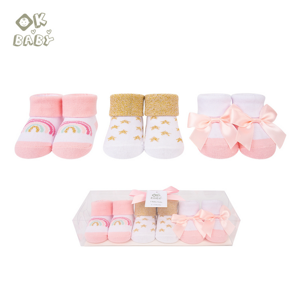 Ok Baby Socks Giftset, Pack Of 3, White And Pink